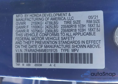 2021 Honda Cr-V Awd Ex-L z USA, uszkodzony, nr VIN 7FARW2H84ME019125